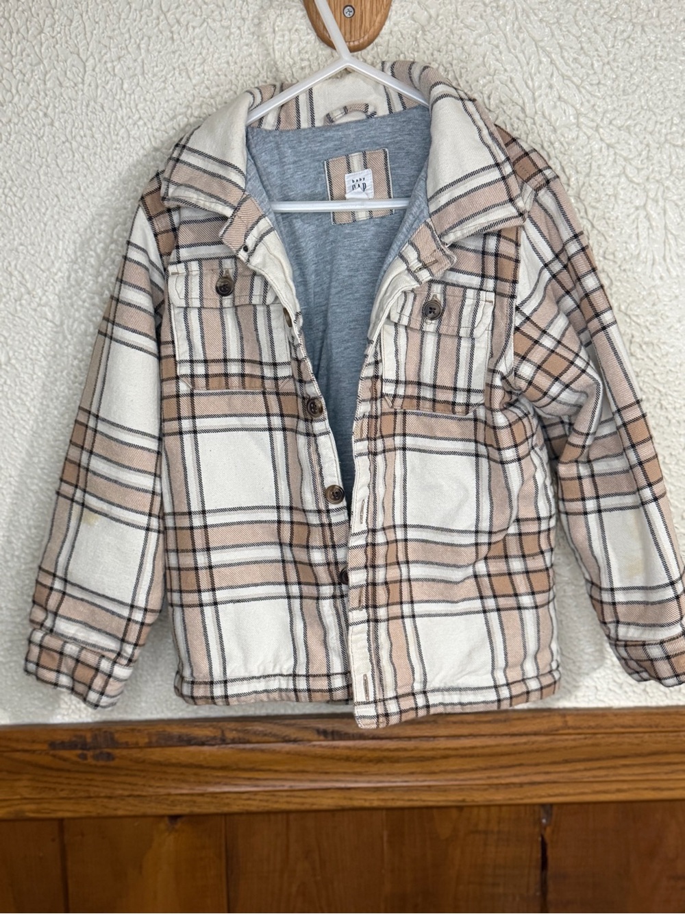 GAP Kids Plaid Jean Shacket in Cream and Tan
